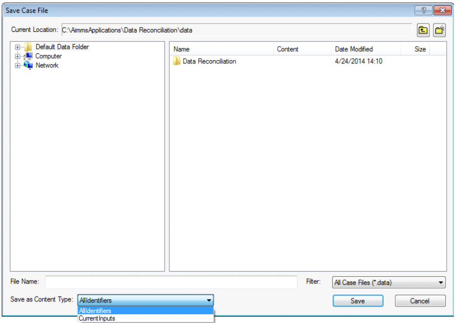 The **Save Case File** dialog box offering content types