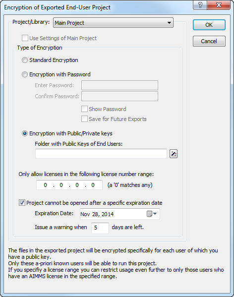The **Encryption of Exported End-User Project** dialog box